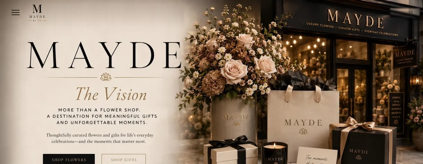 MAYDE — luxury floral and gifting boutique homepage, showing the MAYDE wordmark, signature arrangements and gift packaging