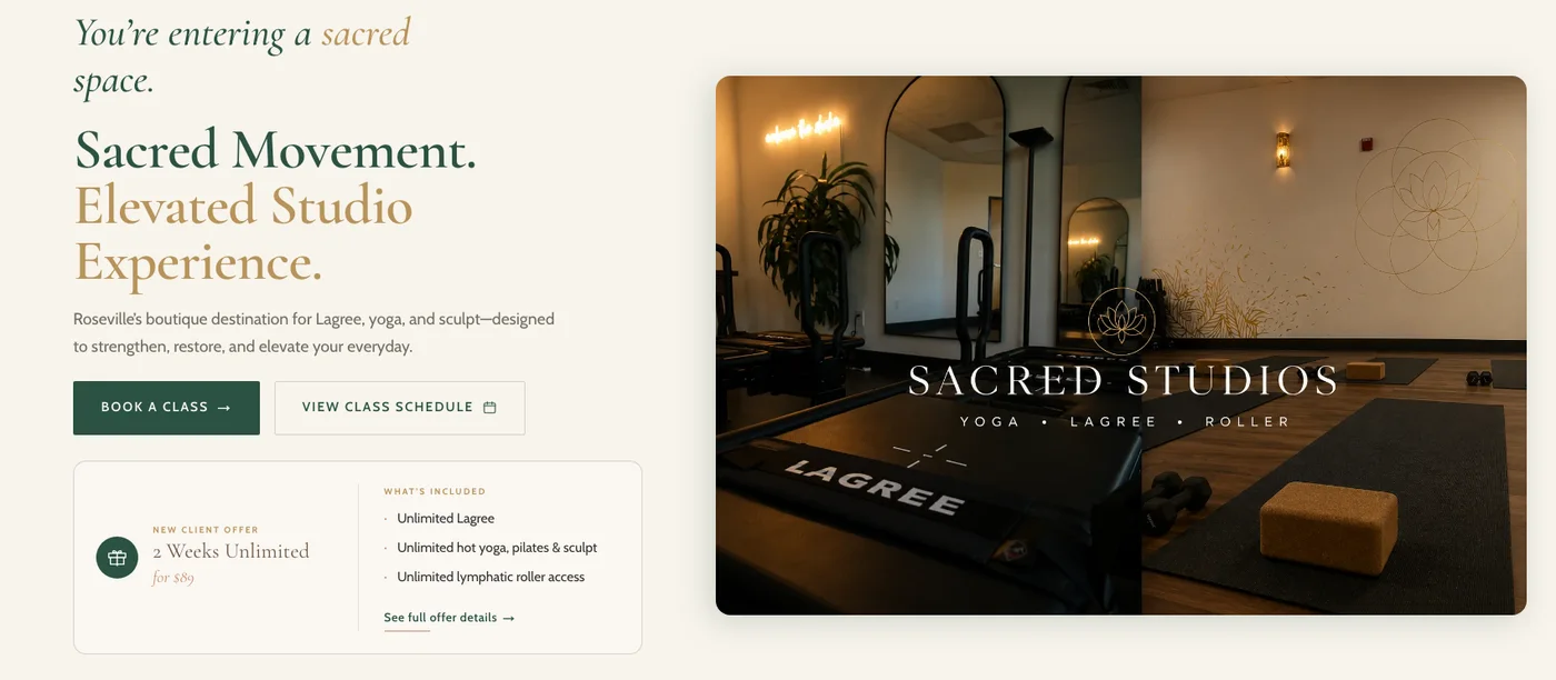 Sacred Studios homepage hero — the headline "Sacred Movement. Elevated Studio Experience." beside a photo of the Lagree studio with the Sacred Studios wordmark