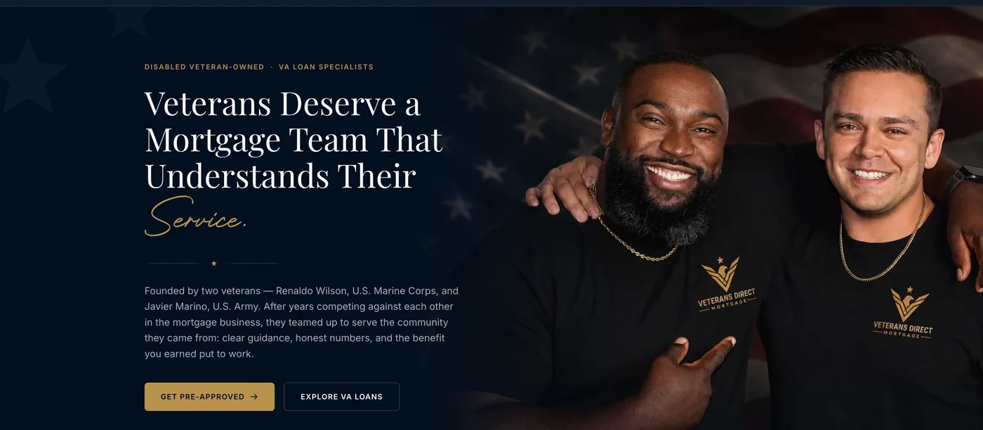 Veterans Direct Mortgages homepage hero — the headline "Veterans Deserve a Mortgage Team That Understands Their Service" beside co-founders Renaldo Wilson and Javier Marino
