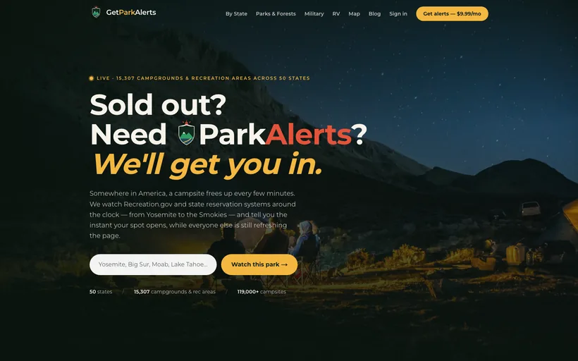 GetParkAlerts website screenshot